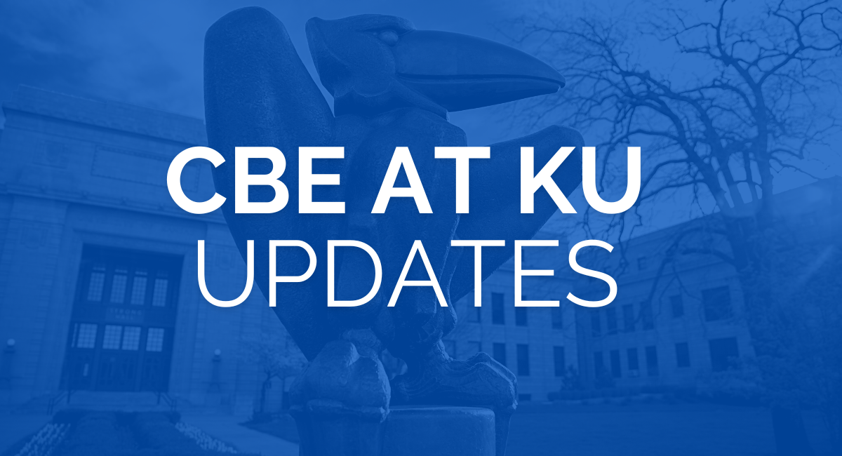 CBE AT KU UPDATES. Blue Mask over a statue of a Jayhawk.