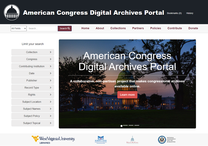 Screenshot of American Congress Digital Archives Portal.