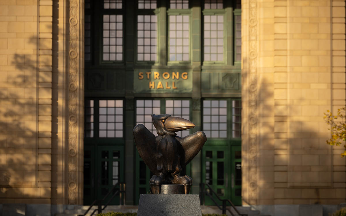 Jayhawk statue outside Strong Hall