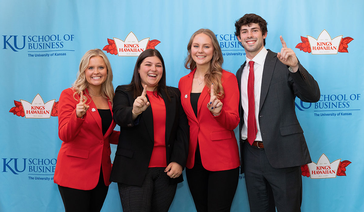 University of Georgia students Lauren Turner, Izabella Silverman, Charlie Pansing and Nathan Duke placed first in the 2024 KU/King’s Hawaiian Professional Selling Competition in the case competition round held in Capitol Federal Hall April 5–6.