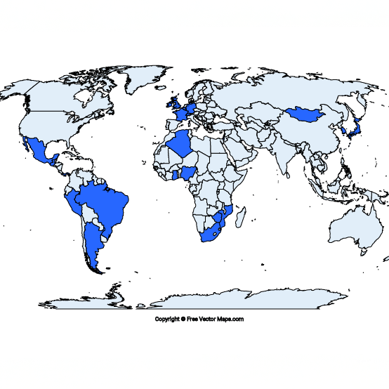 KU scholars will visit the 23 countries shown in blue for research, archival access, collaboration, and international partnerships.