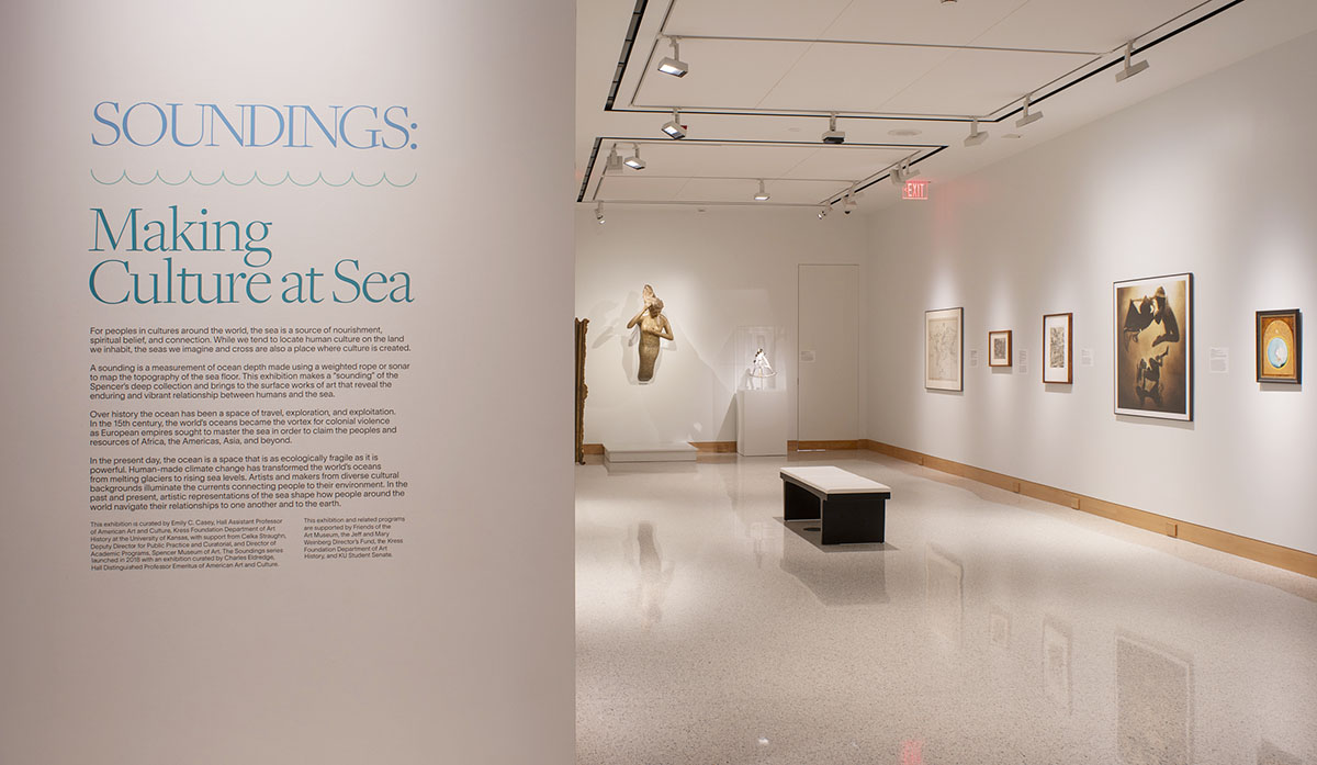 Exhibition space at the Spencer Museum of Art, showing the "Soundings" title on the wall at the left and the artwork on the right.