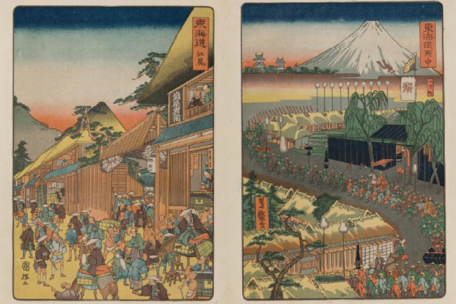 Pair of Japanese prints from promotional poster of KU Libraries exhibition.