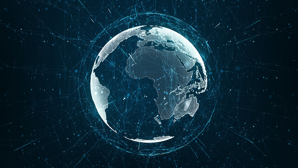 An image of the globe with lines indicating digital and trade connections across continents.