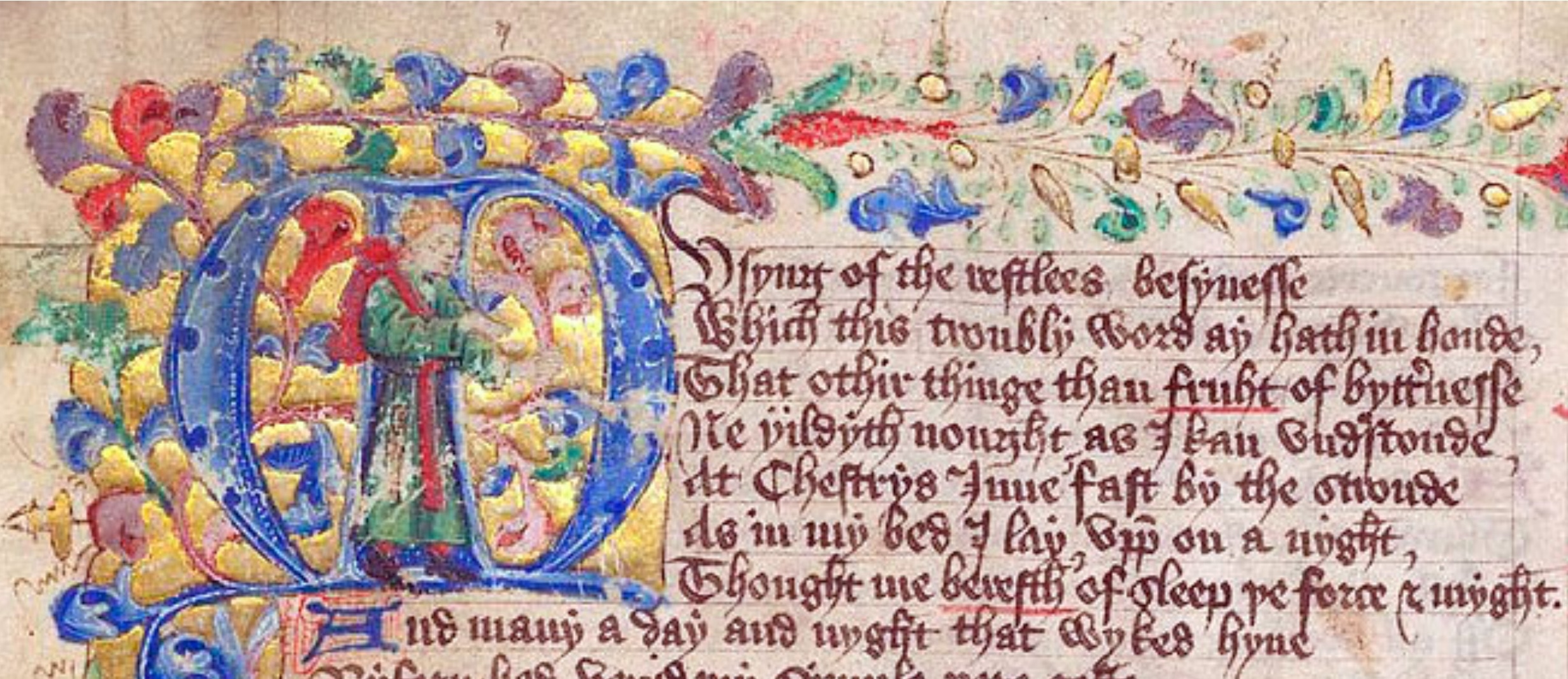 An illustration of medieval poet and scribe Thomas Hoccleve shows him incorporated within the text of a manuscript page.