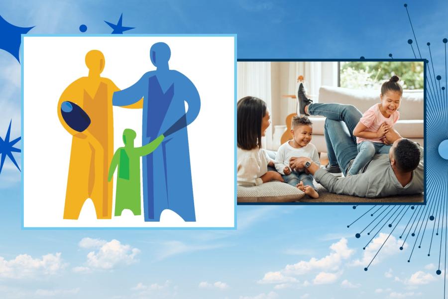 Family smiling in a living room