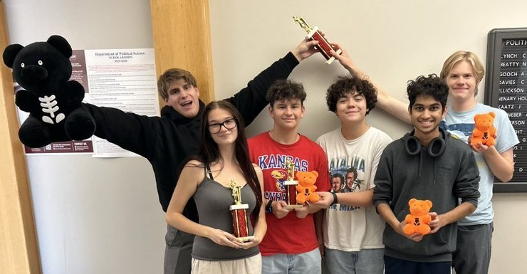 KU Debate team members Tyler Bauman, Abigail Fordyce, Cameron Linde, Grayson Weber, Aryan Verma and Sigmund Persson.