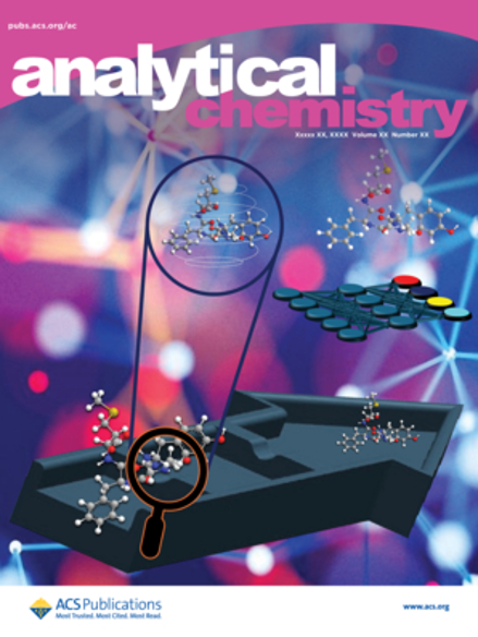 Cover page of Analytical Chemistry Vol 97 Issue 1 featuring a computer graphic of magnified peptide molecules in an abstract representation of a sensing device