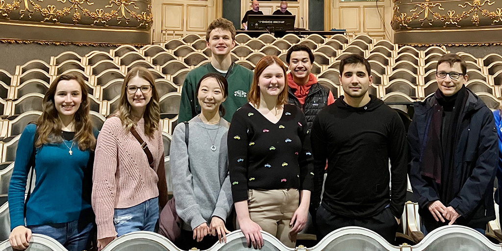 In January 2023 Martin Nedbal (far right) led a group of KU students on a tour of the Estates Theatre in Prague. Credit: Courtesy Martin Nedbal.