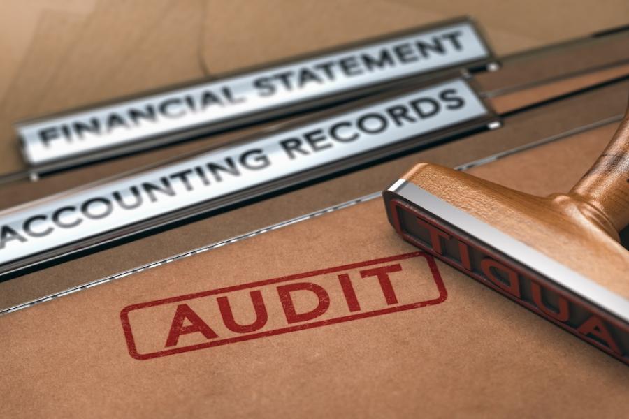 A stamp with the word “audit” sits atop files labeled “financial statement” and “accounting records.”