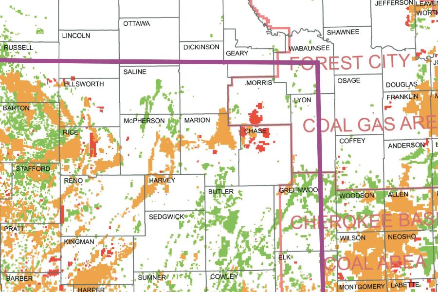 Partial Kansas map showing stratigraphic and regional trends in chemistry and quality of natural gas in central and western Kansas, Midcontinent, USA, from the cover of the book with the same title.
