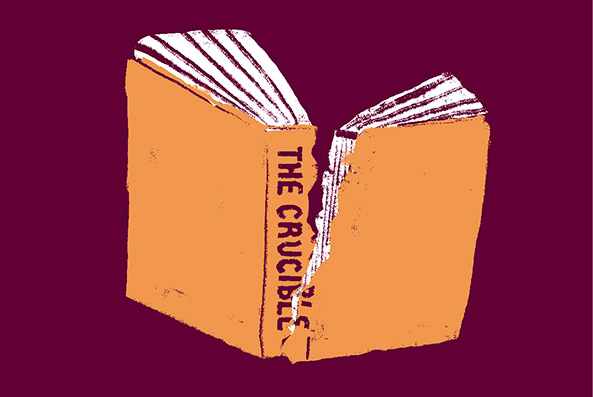 illustration of the book The Crucible being ripped in half down the spine