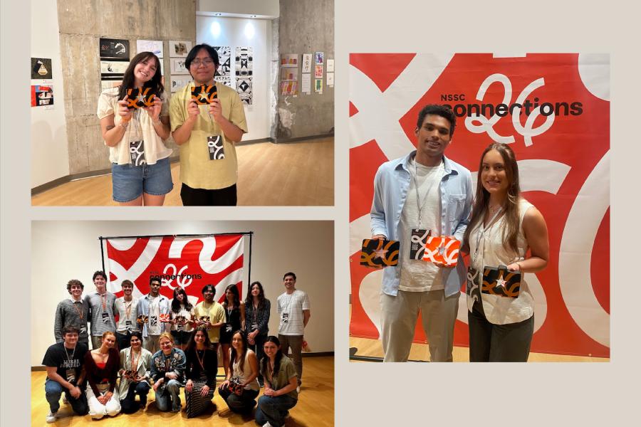 Collage of KU students at a design awards event holding trophies, with a group photo and a red “NSSC Connections” backdrop
