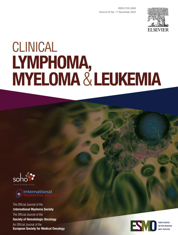 Volume 24 cover of the Clinical Lymphoma, Myeloma and Leukemia journal with a computer graphic of cancer cells in the lower center surrounded by descriptive text